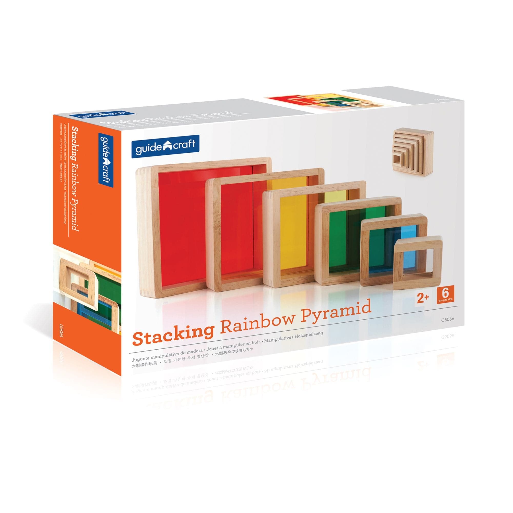 Guidecraft Stacking Rainbow Pyramid, Six hardwood Guidecraft Stacking Rainbow Pyramid squares featuring inset coloured plexi for stacking, sorting, building, sequencing and creating imaginative, colourful constructions! The Guidecraft Stacking Rainbow Pyramid doubles as a stand-alone manipulative or an addition to hardwood block construction. The Guidecraft Stacking Rainbow Pyramid have hardwood frames, rounded corners and edges, and inset acrylic windows. Solid wood frames with inset coloured acrylic windo