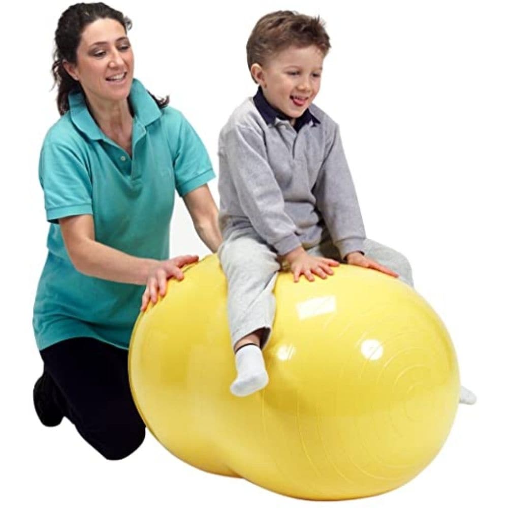 Gymnic Physio Roll 55cm Ball, The Gymnic Physio Roll is ideal for therapeutic use, especially for those who have problems with balance and coordination. These Gymnic Physio Roll offer greater stability than regular, round therapy balls by limiting movement to forward and backward. The unique design of the Gymnic Physio Roll allows a therapist and a child to sit together on the Physio Roll. Children can also sit in the centre cradle for maximum comfort and support. The double ball design of Physio Roll makes