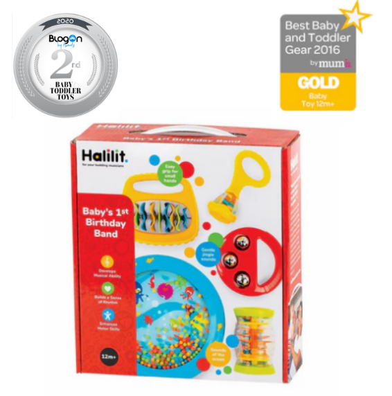 Halilit Baby's First Birthday Band Gift Set, A perfect gift for baby's 1st birthday! The Halilit Baby's 1st Birthday Band Gift Set provides a wonderful introduction to music making, with a fun Ocean Drum, Baby Maraca, Ring My Bell, Rainboshaker and Clip Clap, a great assortment of instruments to get your little one enjoying the delights of music. Bright colours and super sounds make this a perfect introduction to early year's music making, whilst also encouraging creativity. Comes in a sturdy gift box with 