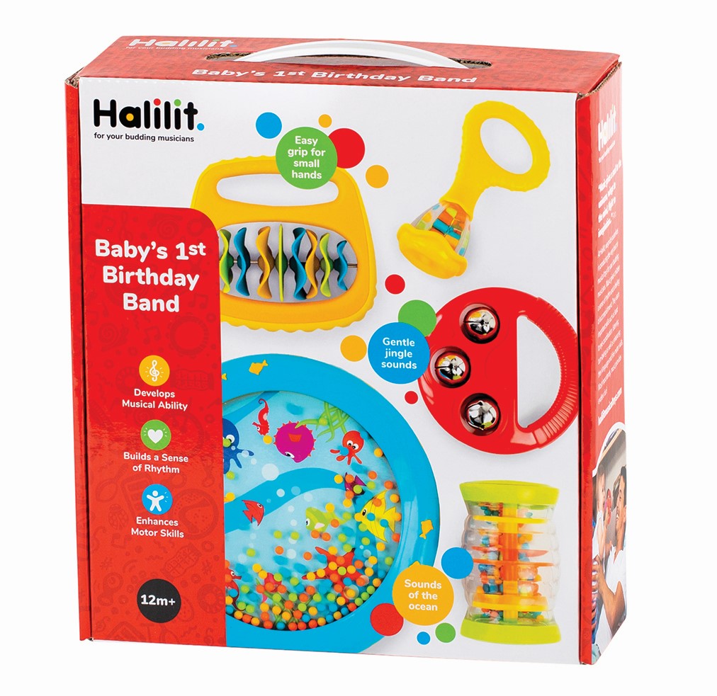 Halilit Baby's First Birthday Band Gift Set, A perfect gift for baby's 1st birthday! The Halilit Baby's 1st Birthday Band Gift Set provides a wonderful introduction to music making, with a fun Ocean Drum, Baby Maraca, Ring My Bell, Rainboshaker and Clip Clap, a great assortment of instruments to get your little one enjoying the delights of music. Bright colours and super sounds make this a perfect introduction to early year's music making, whilst also encouraging creativity. Comes in a sturdy gift box with 