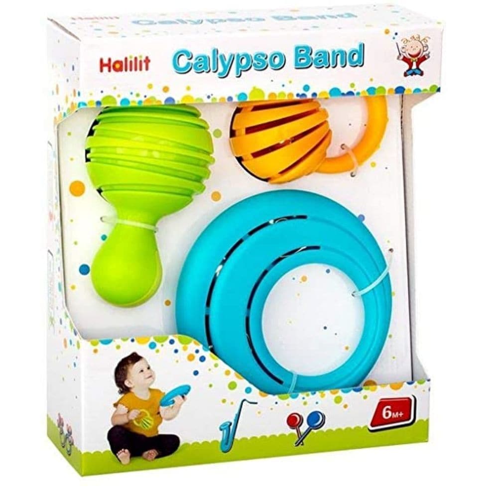 Halilit Calypso Band Gift Set, The Halilit Calypso Band Gift Set helps little ones discover the captivating rhythms of tropical music with this vibrantly-coloured set, including maracas, a cage bell and a tambourine. These musical instrument toys even help develop creativity, motor skills, hand-eye co-ordination and teach cause and effect. The Halilit Calypso Band Gift Set contains durable, high quality and safe musical instrument toys are used in pre-schools, baby groups and nurseries across the country, e