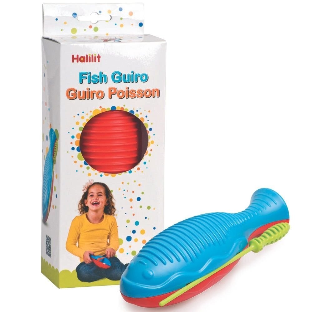 Halilit Fish Guiro, Introduce your little one to the world of music with the Halilit Fish Guiro! This brightly coloured percussion instrument is based on the traditional guiro, perfect for introducing rhythm and coordination to early years.Designed to stimulate essential early sensory development, motor skills, and hand-eye coordination, this fish-shaped guiro is a great tool for your child's musical exploration. Its unique profiles offer a variety of scraping surfaces, allowing your little musician to prod