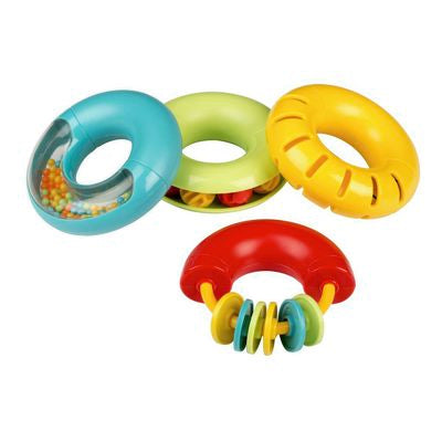Halilit Musical Rings, Use the Halilit Musical Rings to introduce baby to the wonderful world of music with this specially selected set of musical instruments. Chosen especially for young babies, Musical Rings are a set of four chunky, vibrantly coloured rings which each boast their own individual sound when shaken. The perfect size for little hands, babies will be delighted by the colourful beads, jingles and rattles safely tucked away inside the rings. Gentle movements create fascinating sounds and wonder