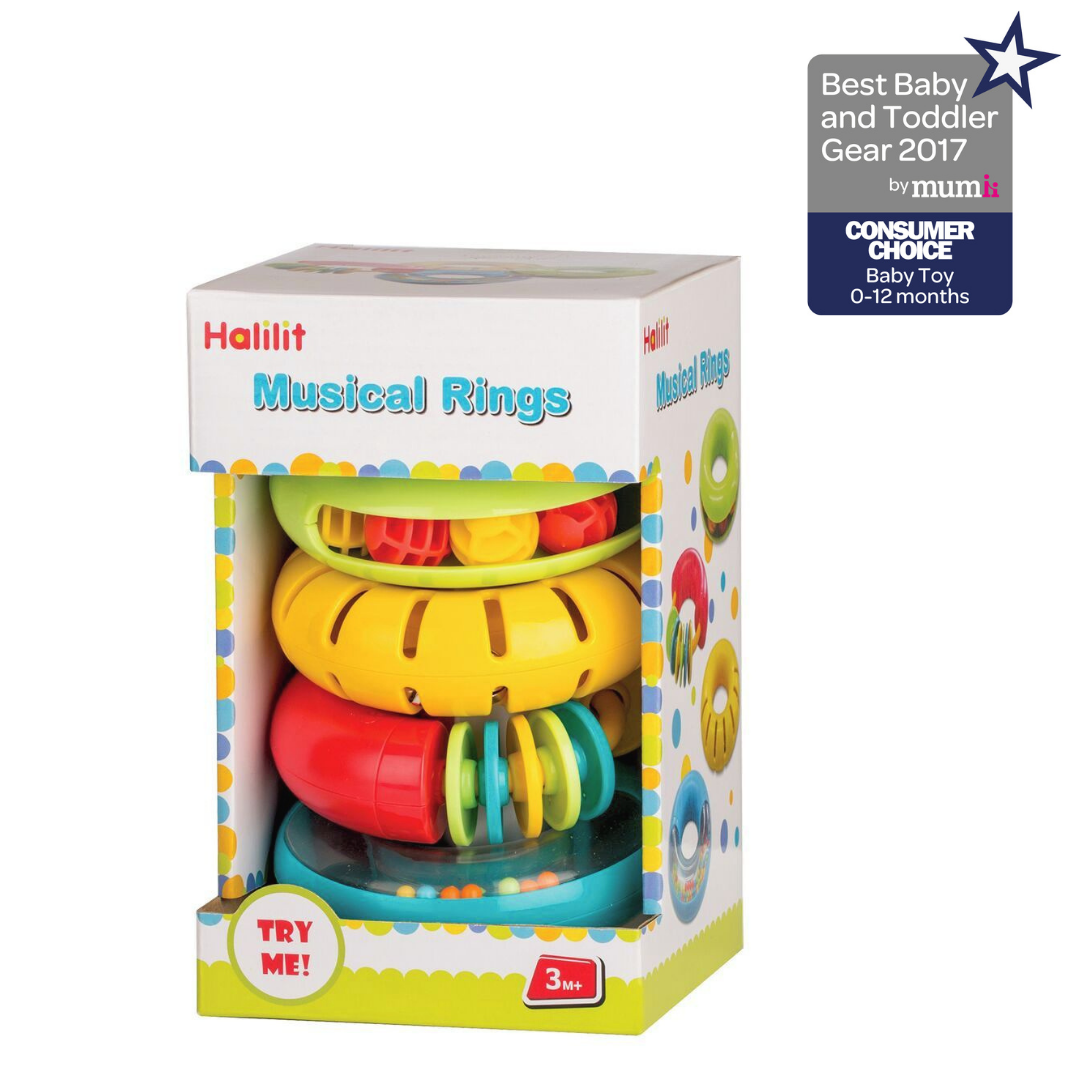 Halilit Musical Rings, Use the Halilit Musical Rings to introduce baby to the wonderful world of music with this specially selected set of musical instruments. Chosen especially for young babies, Musical Rings are a set of four chunky, vibrantly coloured rings which each boast their own individual sound when shaken. The perfect size for little hands, babies will be delighted by the colourful beads, jingles and rattles safely tucked away inside the rings. Gentle movements create fascinating sounds and wonder
