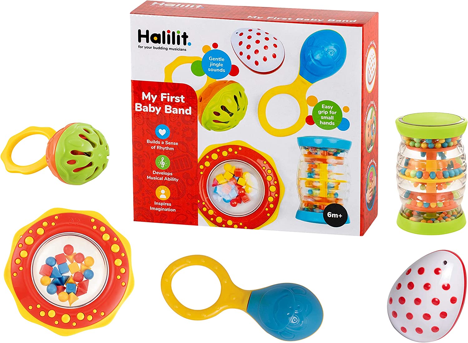 Halilit My First Baby Band, The Halilit My First Baby Band is the ultimate starter pack for introducing your little one to the enchanting world of music. Thoughtfully designed and packaged, this Halilit My First Baby Band gift set makes for an ideal present for a baby's first birthday. Halilit My First Baby Band Features: Diverse Instrumentation: The set includes an Ocean Drum, Baby Maraca, Ring My Bell, Rainboshaker, and Clip Clap, offering a varied sensory experience. High-Quality Construction: Known for 
