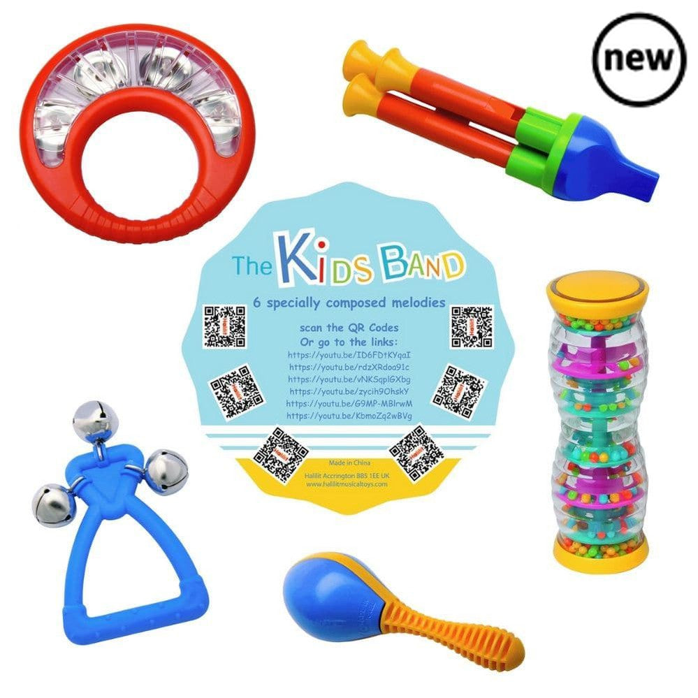 Halilit The Kids Band Gift Set, Start your own band with this fantastic 6 piece Halilit The Kids Band Gift Set. The Halilit The Kids Band Gift Set fantastic assortment of rattles, shakers, including Jingle Bell, Giant Train Whistle, Baby Tambourine, Twist and Shake Rainboshaker, Maracito and a play-along music CD, baby will be able to create lots of his own musical masterpieces! Cascading beads in the Twist and Shake Rainbomaker create enchanting visual effects that will delight young babies, who will be fa