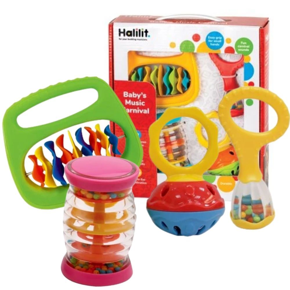 Halilit Toddler Music Carnival, Create your own music carnival with the Halilit Toddler's Music Carnival! This beautiful, richly coloured Halilit Toddler Music Carnival set includes a Mini Cage Bell, Baby Maraca, Clip Clap and a bestselling Rainboshaker, the perfect introduction to early year's music making. The Halilit Toddler's Music Carnival is a well-rounded musical set designed to entertain and educate young children. Here’s a look at its features and benefits: Features of the Halilit Toddler Music Car