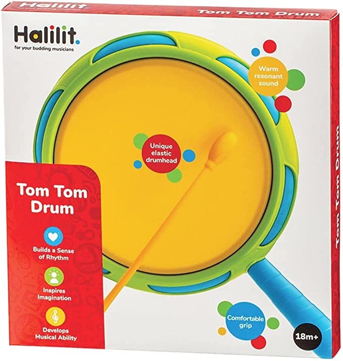 Halilit Tom Tom Drum, This elastic resonant skin Halilit Tom Tom Drum is the perfect product for your child to explore music and have fun while learning. The classic percussion instrument has a unique, high-quality elastic skin that produces a rich and melodious sound, guaranteed to captivate and engage your child's senses.The Halilit Tom Tom Drum is designed with little hands in mind, this drum features a comfortable rubber hand grip that ensures a secure and comfortable grip for young hands. This, coupled