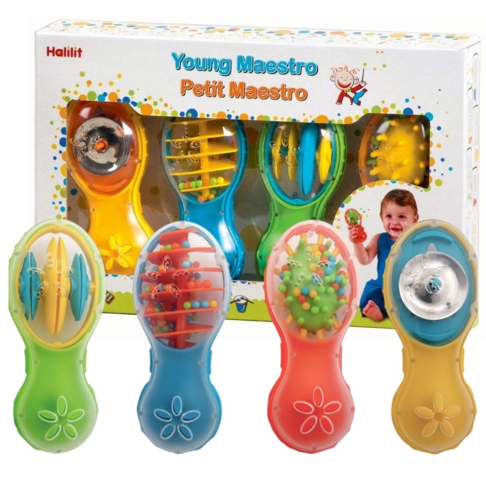 Halilit Young Maestro Gift Set, Delight baby’s senses with the Halilit Young Maestro Set. This Halilit Young Maestro Gift Set contains four vibrantly coloured shakers that each provide different sounds and visual treats for young babies to enjoy. With soft textured handles for an easy and comfortable grip and safely enclosed beads, bells and clip claps, these shakers are perfect for introducing young babies to the world of music making. You are invited to introduce your children to the magical world of musi