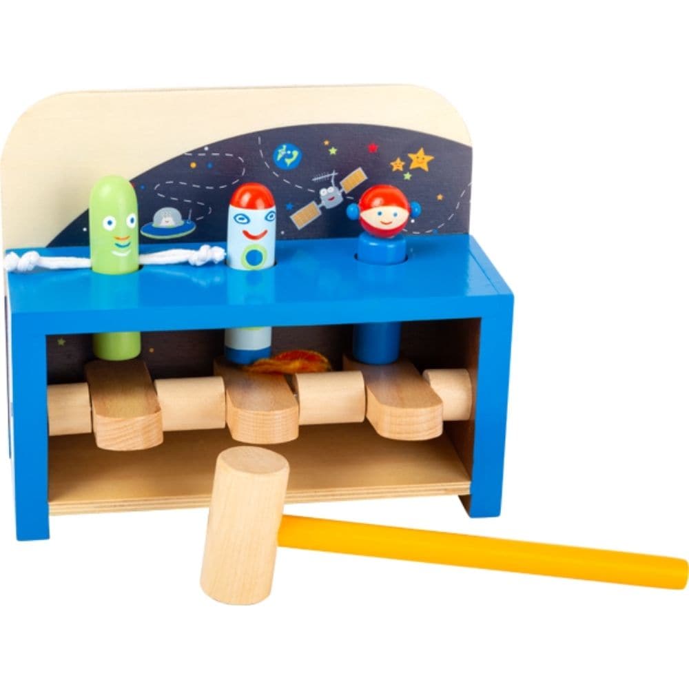 Hammering Bench Space, Children will have lots of fun with this Wooden Hammering Space Bench. It is a great way to support children’s physical development from an early age. The aim of the space themed hammering game is for children to become hammer experts and smack the wooden levers under the table. Which wooden figure will lift off first? The figures include an alien, rocket and astronaut. The use of the hammer helps improve children’s fine-motor skills and develop their hand-eye-coordination. It really 