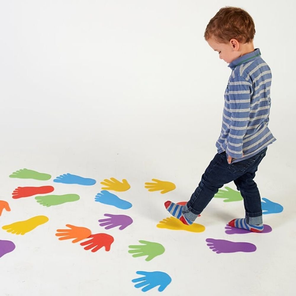 Hands Floor Marker Packs, The Hands Floor Marker Pack contains a set of hard wearing vinyl marker encourages eye coordination and balance, ideal for movement and motor skills. These flexible and non-slip vinyl hand and feet markers are an ideal to help improve eye coordination and balance. Flexible and non slip vinyl floor markers Ideal to help improve eye coordination and balance Specification Size: approx.145 x 145mm. Pk12., floor markers from tuftex, hands floor markers, floor marking for school physical