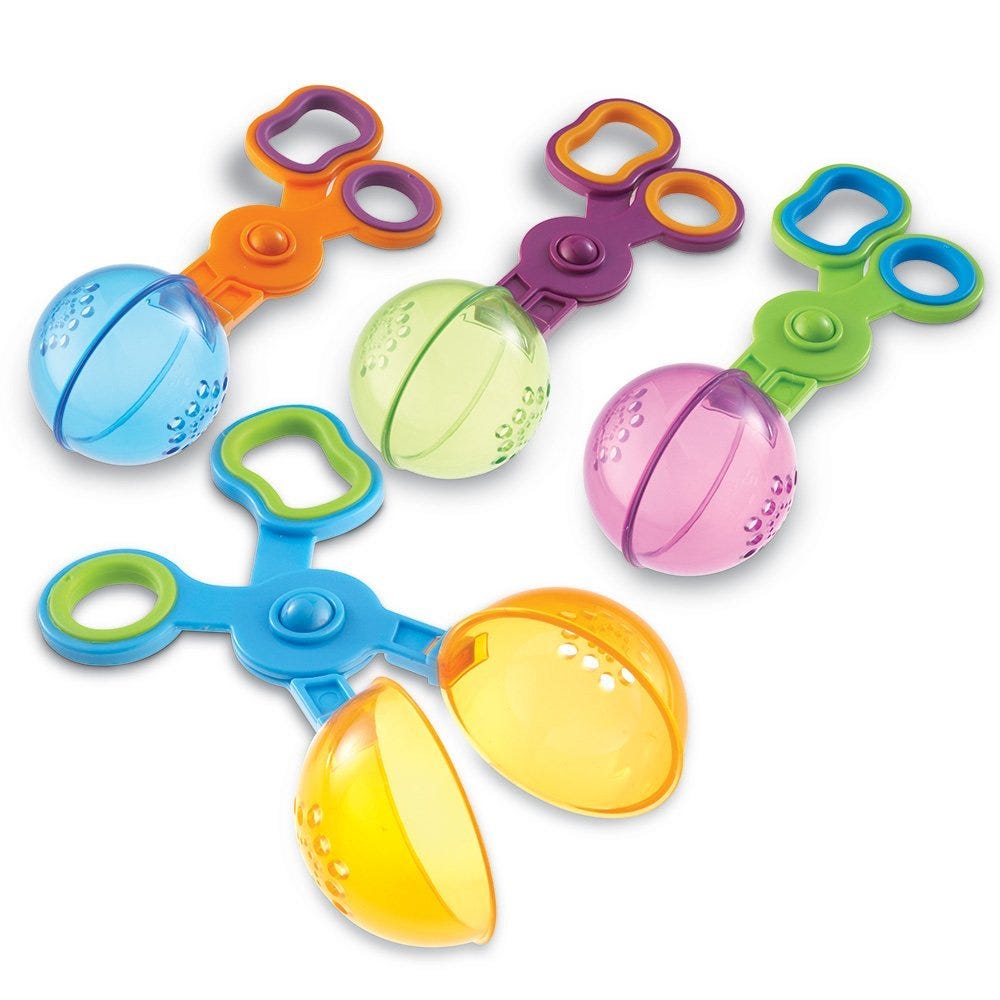 Handy Scoopers, Get a grip on fine motor skills with the best selling Learning Resources Handy Scoopers! These scissor style Handy Scoopers are great for use in sand pit or water trays as they feature holes in their scoops so children can see the water escape. The Handy Scoopers have easy-grip handles promote firm control and encourage children to practice scissor control. Colourful Handy Scoopers are ideal for developing a number of early skills, specifically fine motor skills and hand-to-eye coordination.