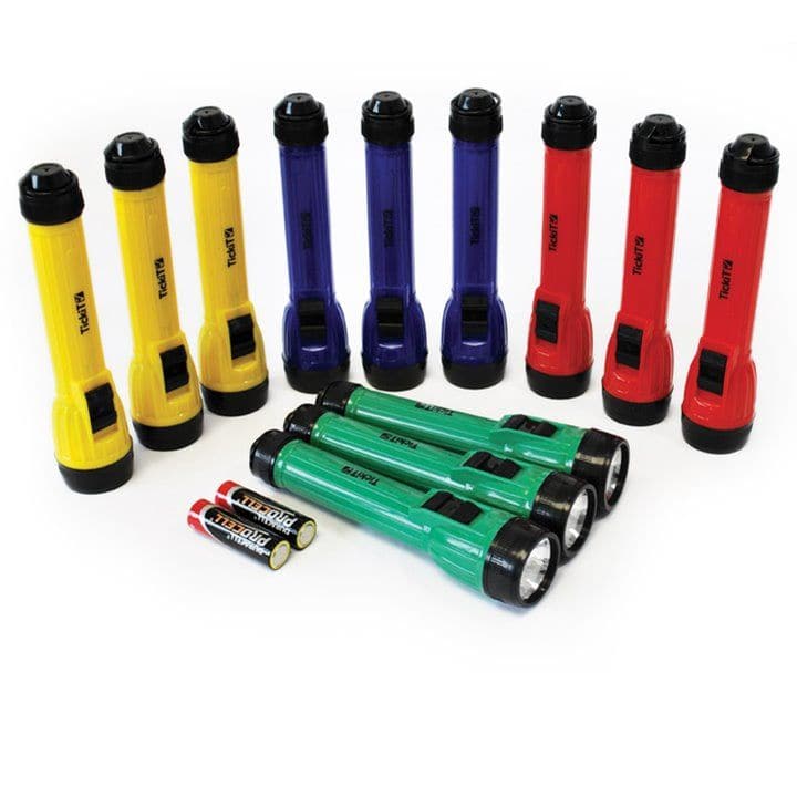 Handy Torch Set of 12, The Handy Torch class pack of 12 affordable, standard, handheld torches, great for Scientific investigations and light exploration. The Handy Torch Set of 12 is ideal for small hands - each torch measures 16cm in length. Requires 2 x AA batteries. Science Curriculum Links Use to explain the scientific idea that light travels from a source and in straight lines Ideal for creating shadows - use to explore and discuss what shadows are and how they are formed when light cannot pass throug