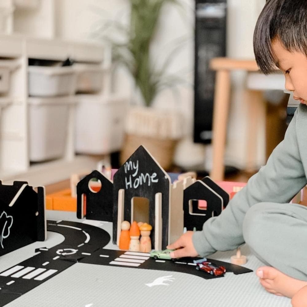 Happy Architect Chalkboard Create and Play Village - Pack of 28, The Happy Architect Chalkboard Create and Play Village is a creative, open-ended construction set. Build and create your own village with this chalkboard Happy Architect set. With a blackboard surface on one side to encourage children to use their imagination and explore a whole new world of their own, decorating one side as they choose, or practicing their words by naming buildings with words like library, school and home. The pieces slot eas