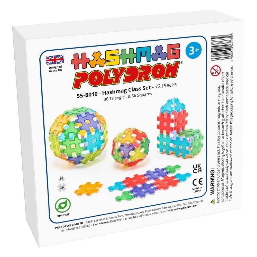 Hashmag Polydron Class Set, Discover the wonders of magnetic construction and geometry with the Hashmag Polydron Class Set, an innovative educational tool designed for hands-on, creative learning. Hashmag Polydron Class Set Features: Multiple Shapes This 72-piece set includes 36 triangles and 36 squares, offering ample opportunities to construct a variety of 2D nets and 3D shapes. Vibrant Translucent Colours The set comes in 6 stunning translucent colours that add an extra layer of excitement and visual sti