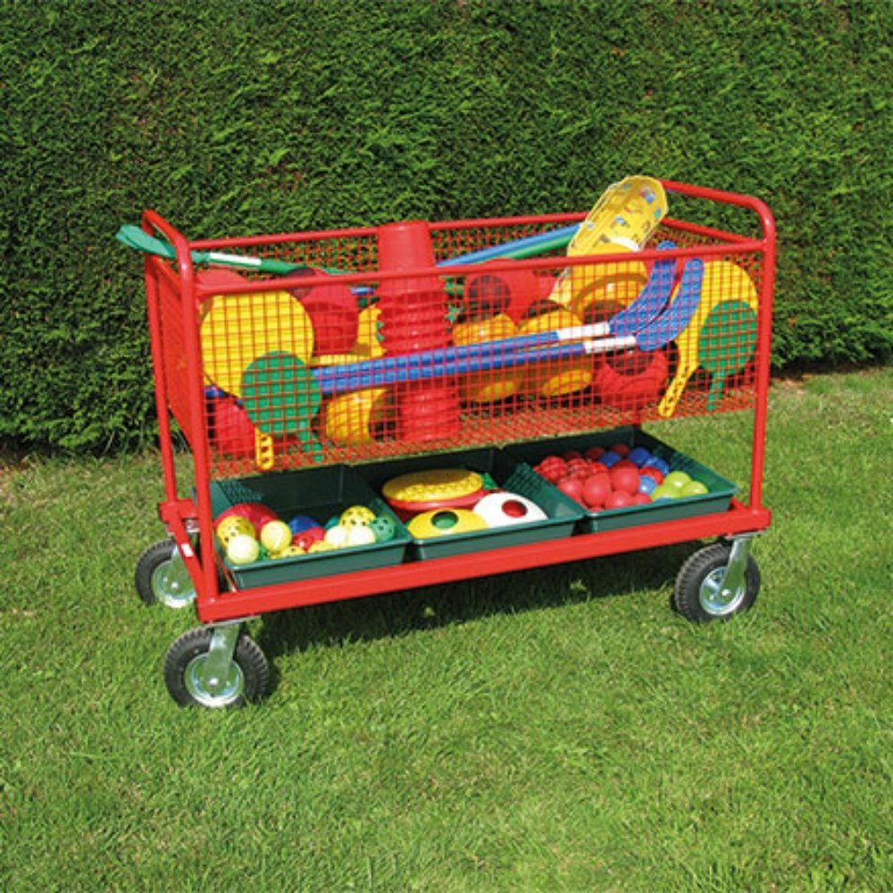 Heavy Duty Outdoor Trolley, Taking equipment from the sports hall on to the playing field is easy with this Heavy Duty Outdoor Trolley. The Heavy Duty Outdoor Trolley is made from tubular steel, heavy gauge mesh and powder coated in red for scratch resistance and durability. Arrives fully assembled. Taking equipment from the sports hall on to the field is easy with this new trolley. There are four 200mm Pneumatic swivel wheels which make this trolley glide over any bumpy surface with ease. 2 complete with b
