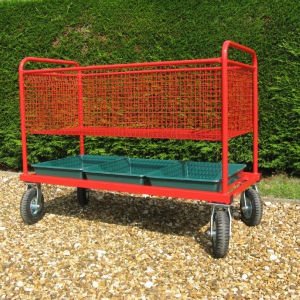 Heavy Duty Outdoor Trolley, Taking equipment from the sports hall on to the playing field is easy with this Heavy Duty Outdoor Trolley. The Heavy Duty Outdoor Trolley is made from tubular steel, heavy gauge mesh and powder coated in red for scratch resistance and durability. Arrives fully assembled. Taking equipment from the sports hall on to the field is easy with this new trolley. There are four 200mm Pneumatic swivel wheels which make this trolley glide over any bumpy surface with ease. 2 complete with b