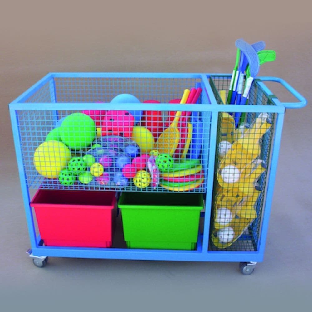 Heavy Duty Sports Storage Trolley, The Heavy Duty Sports Storage Trolley comprises a deep, removable basket ideal for storing cricket bats, hockey sticks etc. The Heavy Duty Sports Storage Trolley has a large basket for footballs and four deep trays for all those smaller items. Fitted with two brakes and two swivel, non-marking rubber castors. The Heavy Duty Sports Storage Trolley is the perfect addition to your school playground and makes playtime and sports easy to tidy at the end of a session. Colour:Blu