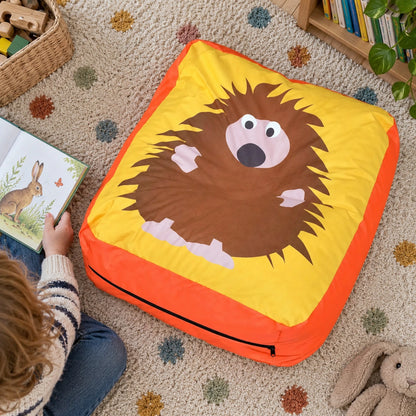 Hedgehog Outdoor and Indoor Bean Cushion – overhead view of the hedgehog design
