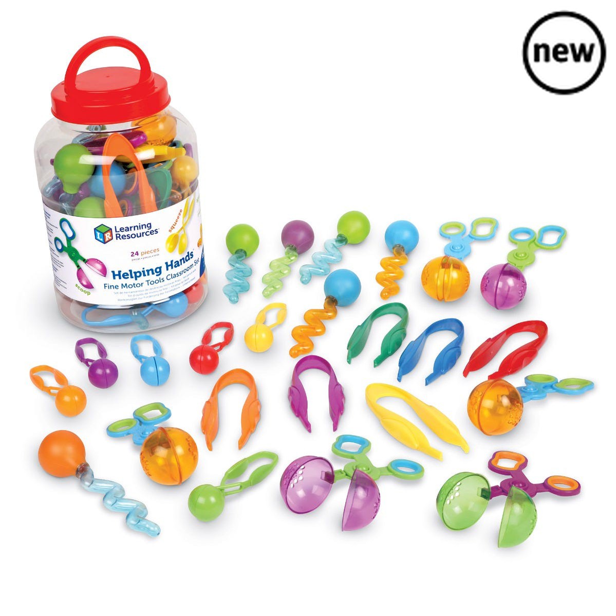 Helping Hands Fine Motor Tools Classroom Set, Children build hand strength and coordination as they grab, scoop, and squeeze with this fine motor tool set for schools. The Helping Hands Fine Motor Tools Classroom Set has 24 of our best-selling fine motor tools – that’s 6 each of our Squeezy Tweezers™, Twisty Droppers™, Handy Scoopers™, and Jumbo Tweezers™. The tools store in the reusable storage tub with convenient carrier handle are the learning fun is over for the day. Perfect for sensory and fine motor a