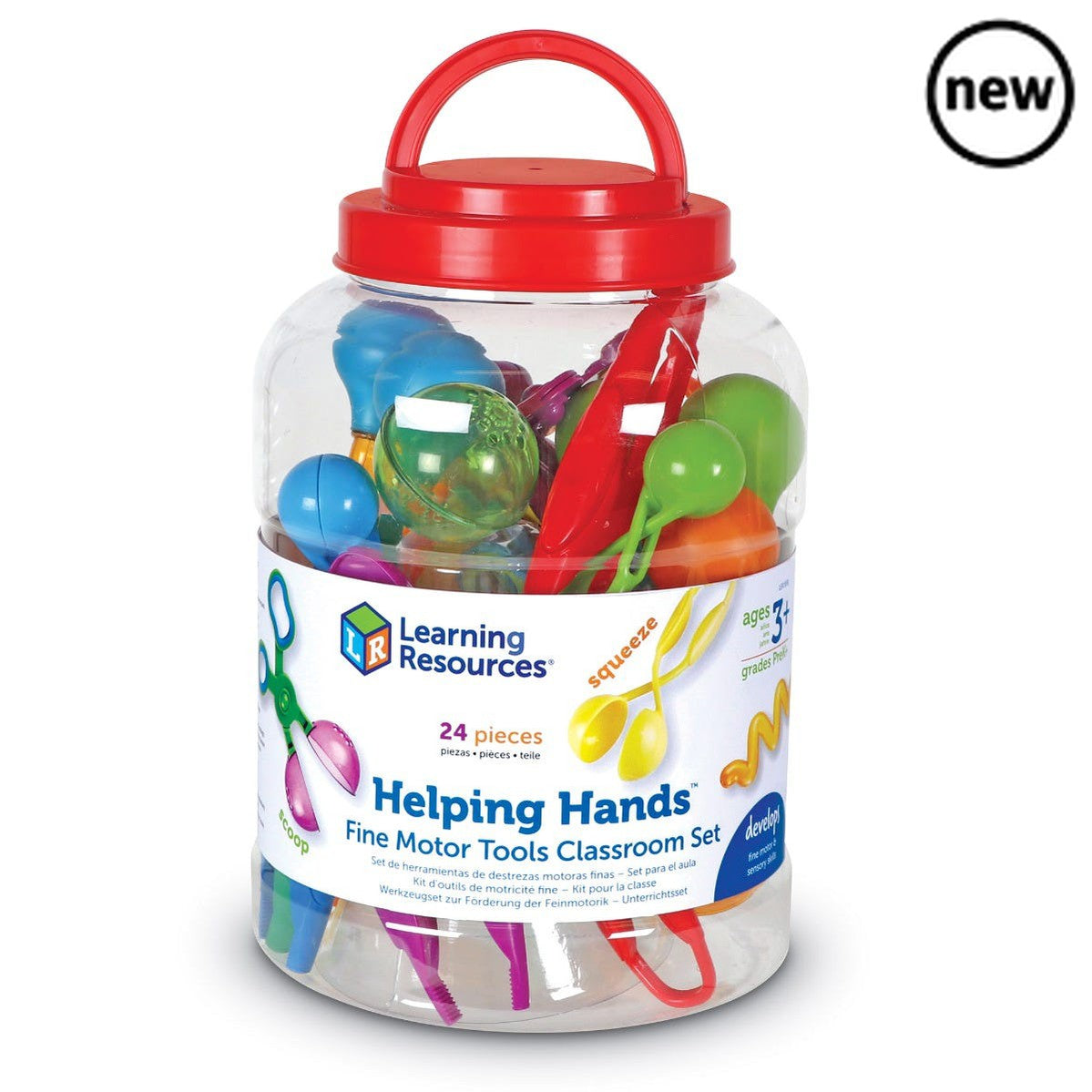 Helping Hands Fine Motor Tools Classroom Set, Children build hand strength and coordination as they grab, scoop, and squeeze with this fine motor tool set for schools. The Helping Hands Fine Motor Tools Classroom Set has 24 of our best-selling fine motor tools – that’s 6 each of our Squeezy Tweezers™, Twisty Droppers™, Handy Scoopers™, and Jumbo Tweezers™. The tools store in the reusable storage tub with convenient carrier handle are the learning fun is over for the day. Perfect for sensory and fine motor a