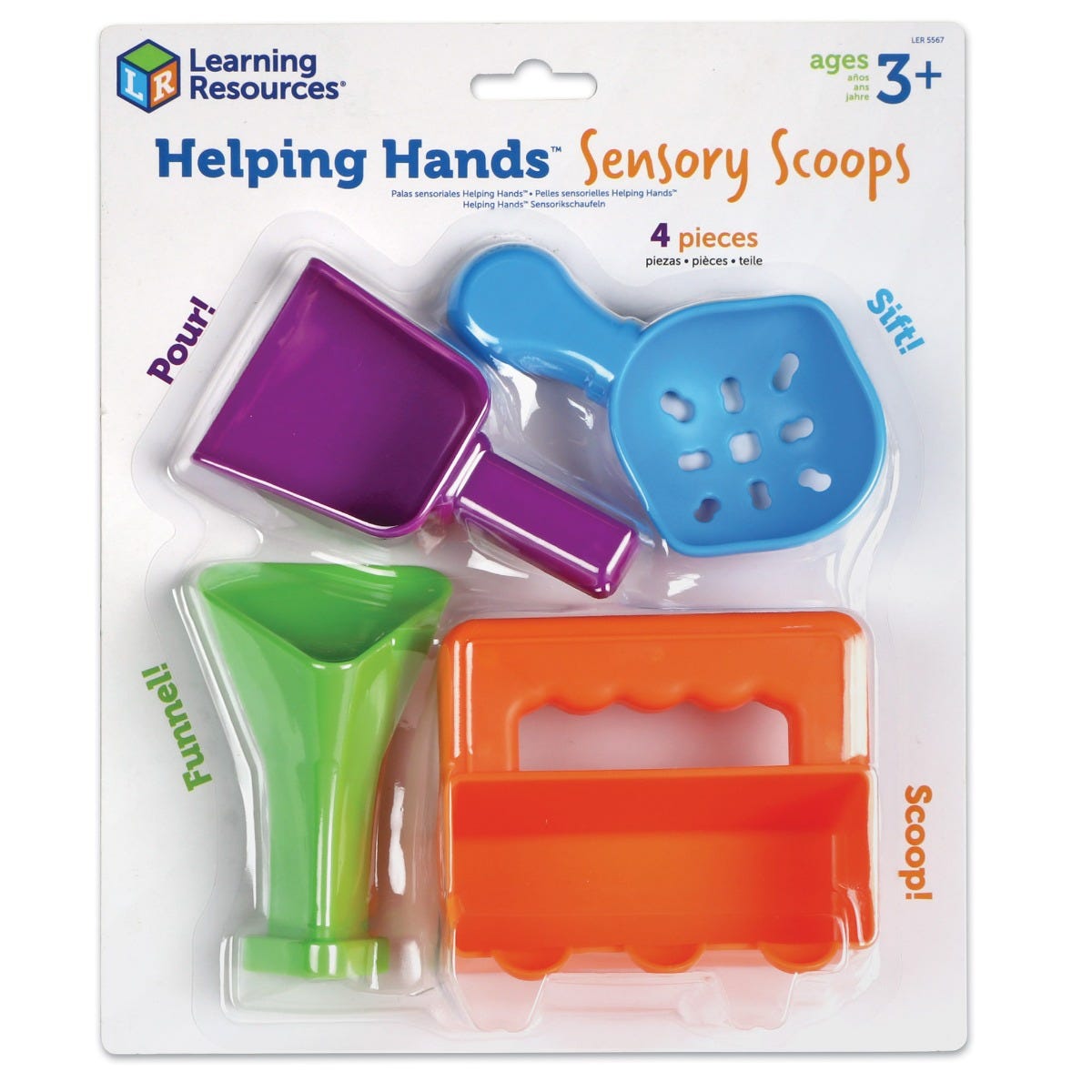 Helping Hands Sensory Scoops, Little ones pour, sift, funnel, and scoop their way to fine motor skills with this set of colourful Helping Hands Sensory Scoops. Sized just right for little hands, the 4 fun fine motor tools in this set each come with a unique way to scoop: children can rotate and sift; funnel and stamp; twist and pour; or practise a whole-hand scooping motion. The Helping Hands Sensory Scoops are made from colourful wipe-clean plastic, these scoops are ready for fun in sensory bins at home or