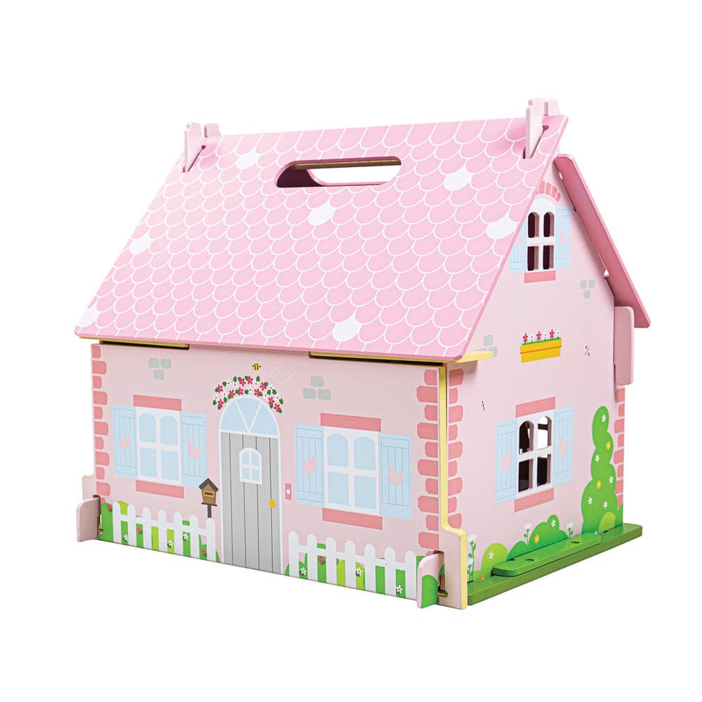Heritage Playset Blossom Dollhouse, Blossom Cottage is a charming two-storey wooden dolls house for girls and boys. This impressive dollhouse features a lift-down patio and garden and also comes with a built-in carrying handle for easy portability. Each room has its own unique decor and can be furnished to your little one’s tastes with the 15 pieces of doll house furniture that are supplied. Adding to the fun is the two-person doll family who are ready to live in their new home. Every space inside and out o