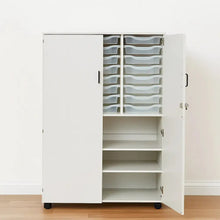 High Tall Storage With 24 Trays Triple Column And Shelves And Full Lockable Doors And Black Plastic Handles-High Tall Storage With 24 Trays Triple Column And Shelves And Full Lockable Doors And Black Plastic Handles