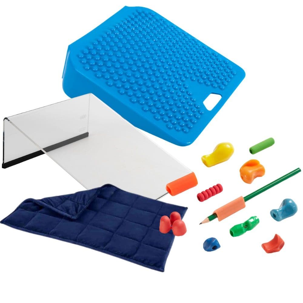 Home Study Pack for sensory seekers, The Home Study Pack for sensory seekers helps students work from home using our new home study pack with useful tools and products to calm, help concentration and aid learning. The Home Study Pack for sensory seekers i designed for older children and has a Weighted lap pad and seating wedge cushion and writing grips and writing slope. The Home Study Pack for sensory seekers set includes the following at a special price to offer affordability and value. Weighted Lap Pad t