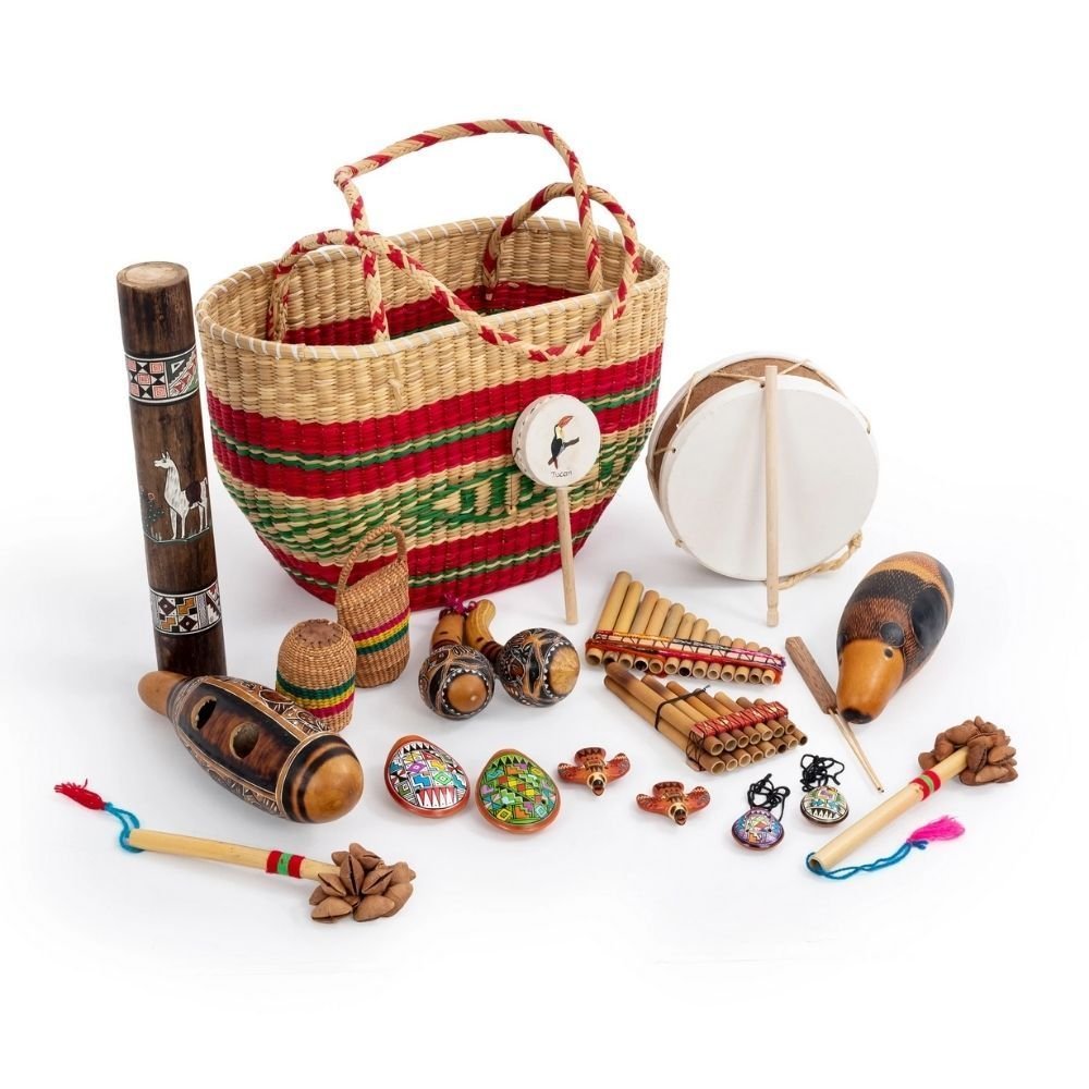 Honestly Made Peruvian pack, Discover the sounds of Peru with this pack from the Percussion Plus Honestly Made range. Featuring 16 instruments, all presented in an attractive and colourful woven basket. Bright colours, complex hand painted designs and vibrant sounds typical of Peru are ready to be played with and explored. Learn about culture, sounds, rhythm, and more, all through the power of music! The Peruvian pack is sourced using Fair trade principles. See below for more information about the Honestly 