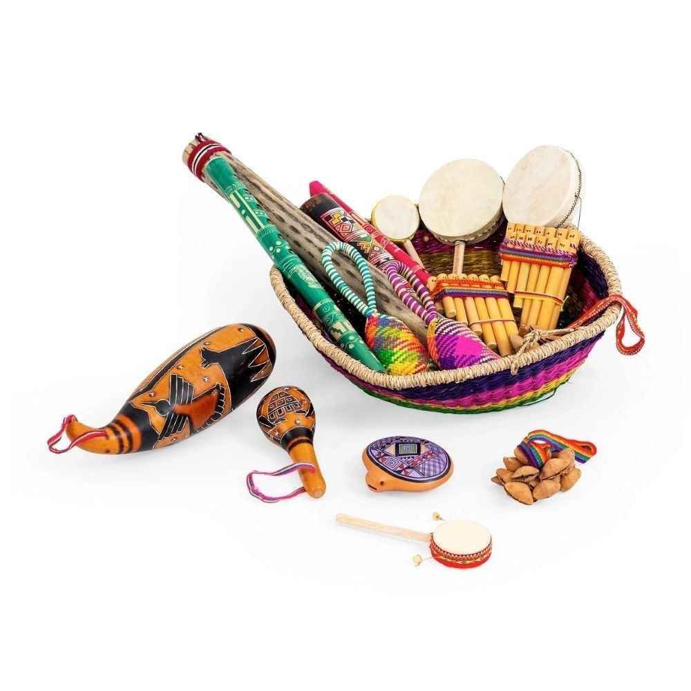 Honestly Made South American pack, Discover the sounds of the South American continent with this pack from the Percussion Plus Honestly Made range. Featuring over 16 instruments, all presented in an attractive and colourful woven basket. Bright colours, complex hand painted designs and vibrant sounds typical of the South American continent are ready to be played with and explored. Learn about culture, sounds, rhythm, and more, all through the power of music! This South American basket is sourced using Fair 