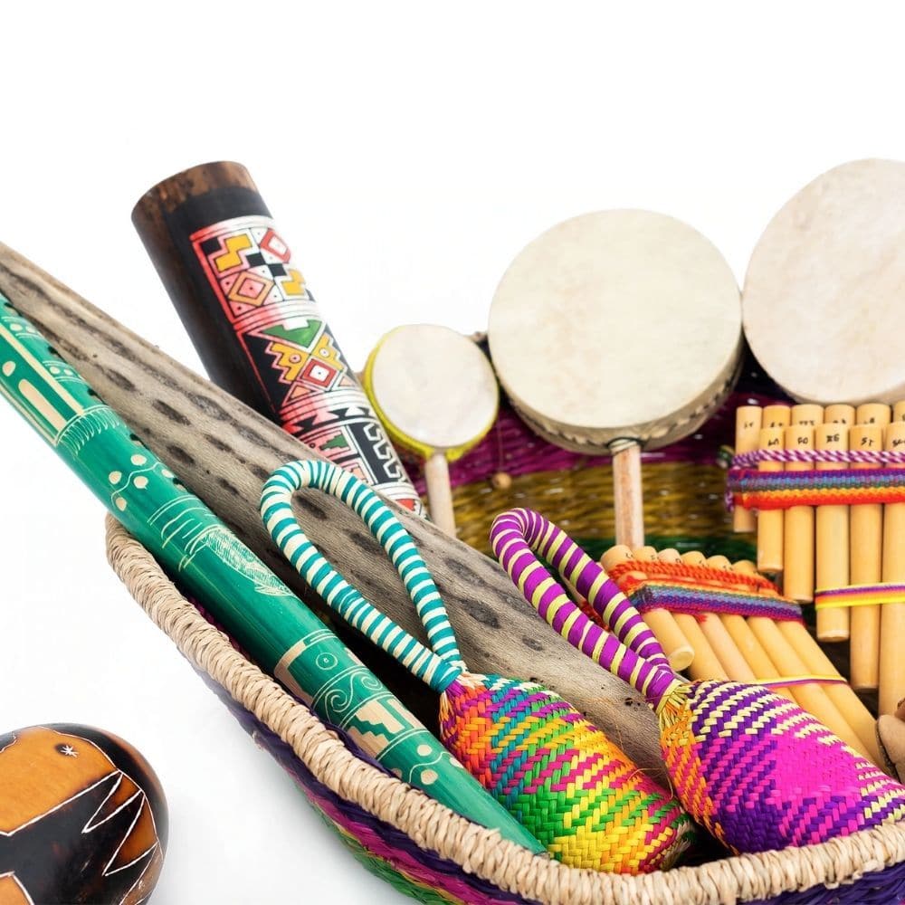 Honestly Made South American pack, Discover the sounds of the South American continent with this pack from the Percussion Plus Honestly Made range. Featuring over 16 instruments, all presented in an attractive and colourful woven basket. Bright colours, complex hand painted designs and vibrant sounds typical of the South American continent are ready to be played with and explored. Learn about culture, sounds, rhythm, and more, all through the power of music! This South American basket is sourced using Fair 