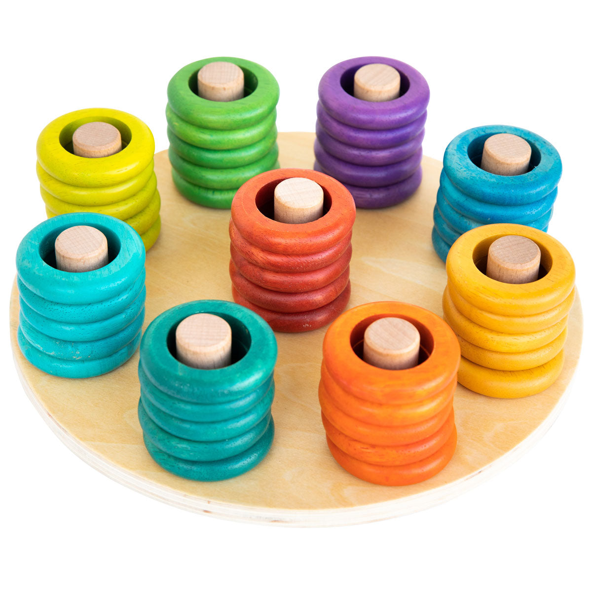 Hooping Rings, Introducing our Hooping Rings 9-piece wooden ring set, designed to inspire creativity and learning in young children! The Hooping Rings set is made from sustainably sourced beech wood, rubber wood, and plywood, this set is both durable and eco-friendly.Featuring 5 rings in each bright and engaging colour, children can use their imaginations to stack the rings in order, create patterns, or even come up with their own designs. The possibilities are endless with this open-ended set!Not only is t