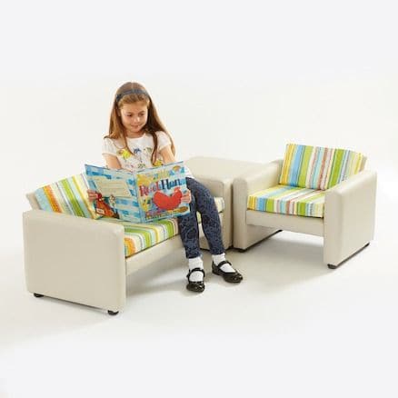 Horizon Sofa Sets, This child sized Horizon Sofa Sets,include a sofa,an armchair and stool set which is perfect for any reading corner or classroom. The Horizon Sofa Set is upholstered with a stone colour vinyl frame, complemented with seat cushions. It can be used to create an ideal reading environment encouraging children to learn. Set includes one sofa, one armchair and one stool. Sizes; Sofa: H380 x W630 x D500mm SH: 300mm Chair: H380 x W550 x D500mm SH: 300mm Stool: H340 x W470 x D470mm SH: 300mm Mater