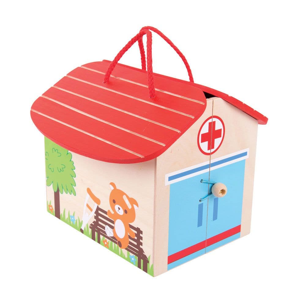 Hospital Playset, Mr Bear has bumped his head! This brightly coloured wooden Mini Hospital Playset is decorated inside and outside with features and is supplied complete with a hospital bed, medical drip, heart monitor, bear, nurse and doctor. The string handle and secure clasp ensure that this Playset is always ready to travel with your little one and all of the play pieces can be stored safely inside. Hospital Playset Features Intricate Details: This Hospital Playset is beautifully decorated inside and ou