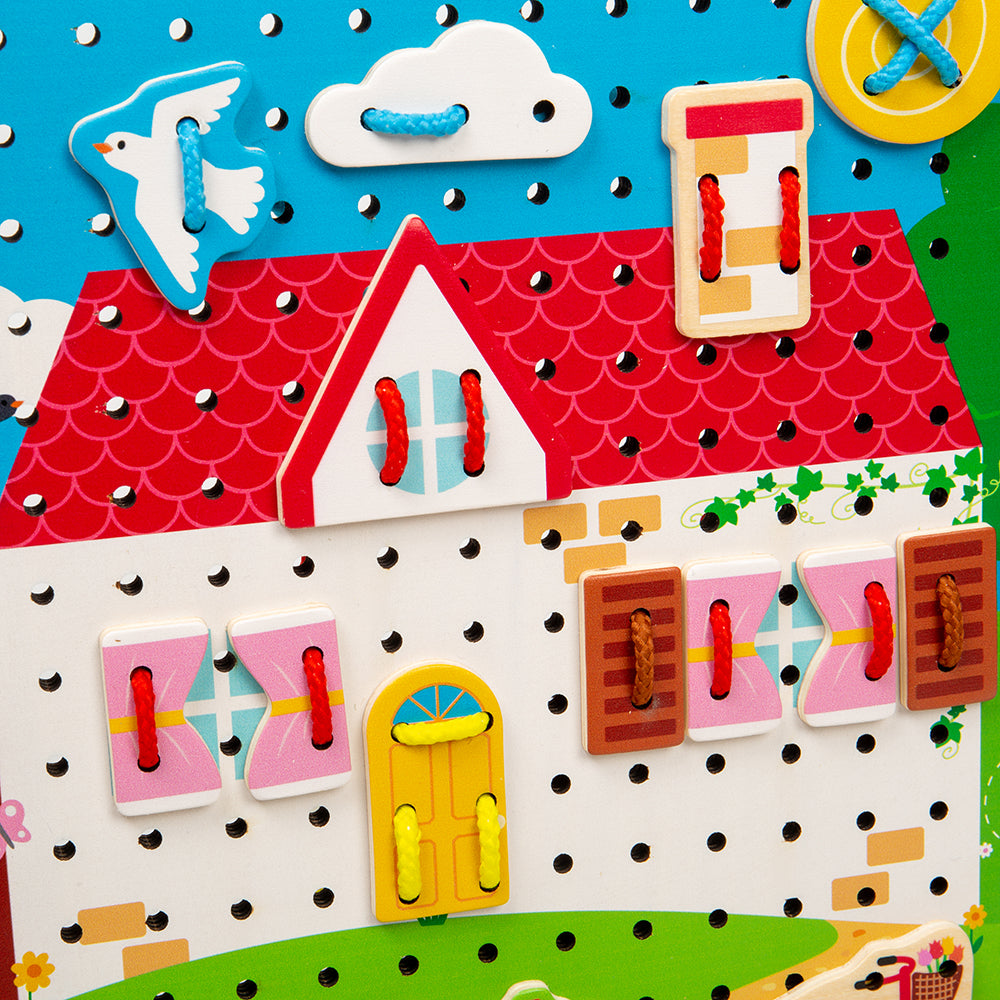 House Lace-A-Shape, Get ready to unleash your creativity and design your dream house with our House Lacing Game For Toddlers! This engaging and educational toy is designed to develop your child's hand-eye coordination, fine motor skills, and sequencing abilities, all while having fun!The House Lacing Game includes 30 different house-shaped pieces and six vibrant and durable laces in various colors. Your little one can let their imagination run wild as they thread the laces through the shapes and onto the ba