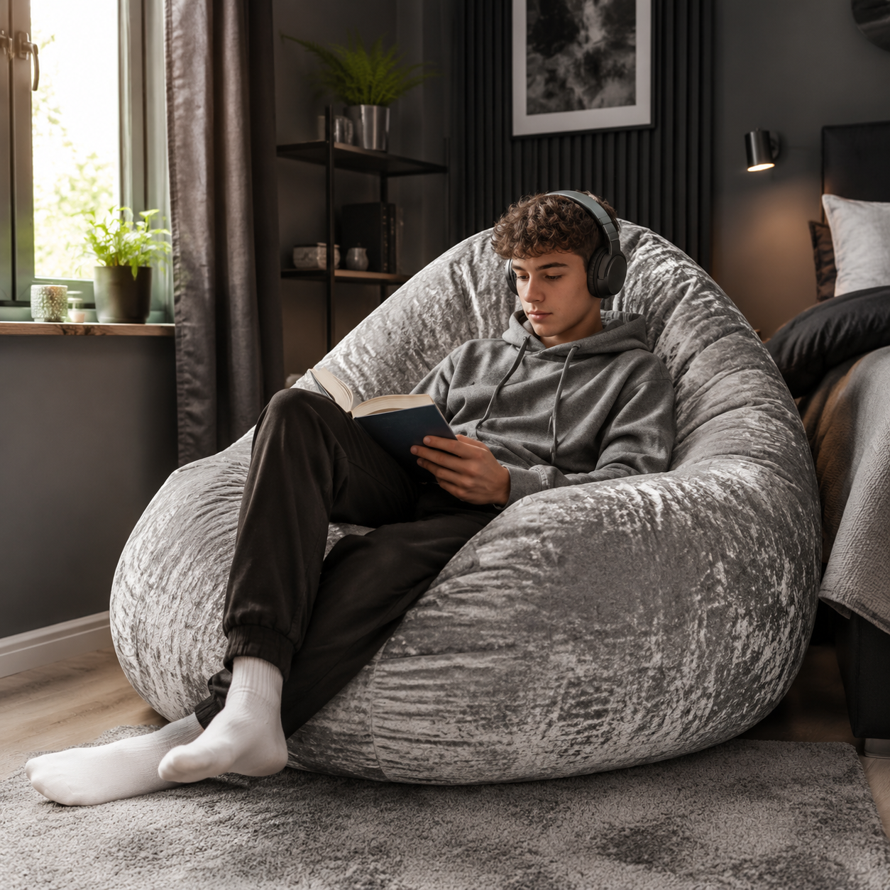 Huge Crushed Velvet Jumbo Beanbags in a modern teenage setting - lifestyle image 4