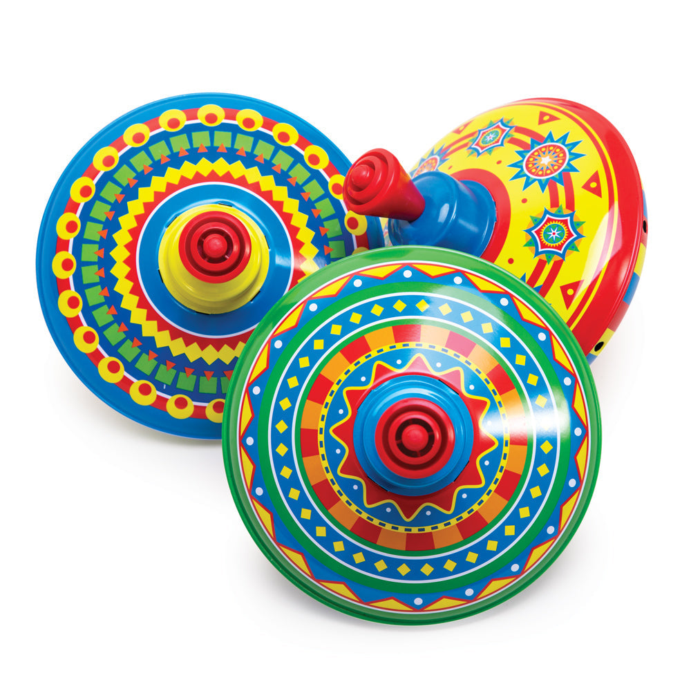 Humming top, A blast from the past, Schylling’s Little Tin Tops feature bold primary colours and retro patterns. Spin the spinning top and listen to them hum. These spinning top toys are fun for everyone. The oldest spinning top ever found goes as far back as the 35th century BC! Spinning tops come in many different sizes and shapes and all defy gravity in the exact same way. Did you know that some spinning tops can spin for over 50 minutes?! Pump the handle to watch the tin top move and make a lovely hummi