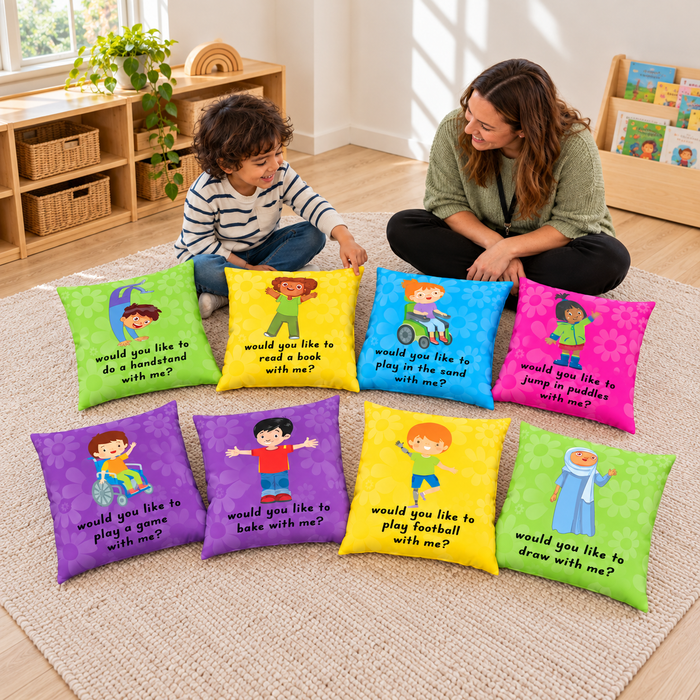 Child and practitioner discussing reading with eight Inclusion Cushions in a nursery