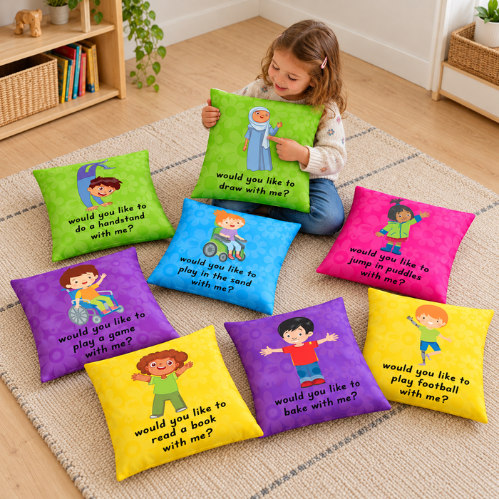 Child holding the drawing Inclusion Cushion in a calm home playroom