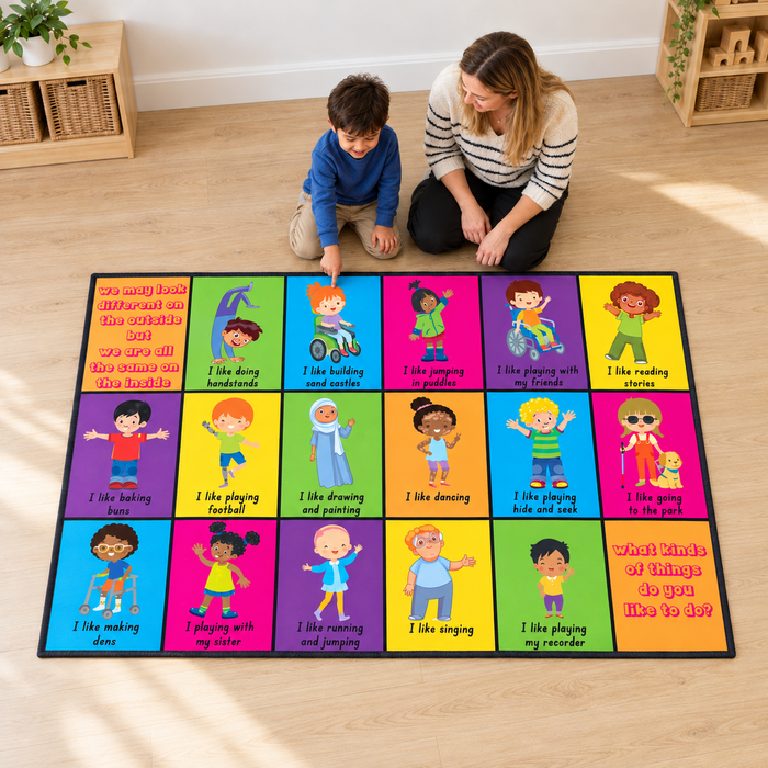 Child and practitioner exploring the wheelchair activity panel on the Inclusion Playmat