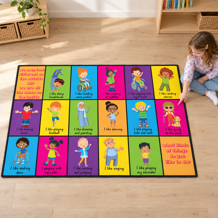 Child discussing the guide-dog character on the Inclusion Playmat in a home playroom