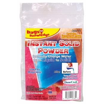 Instant Solid Powder 30g, This super-absorbent polymer does lots of amazing things! It can absorb 200-300 times its weight in tap water and hold it in a gooey gel! This powder is also known as slush powder, as it instantly turns a liquid into a solid. With certain ratios of powder and water, the Instant Solid Powder becomes a solid! Each complete kit includes: 30 grams of instant solid powder, colouring tablet and experiment ideas and explanations. What's in the pack? 30 grams of instant solid powder Colour