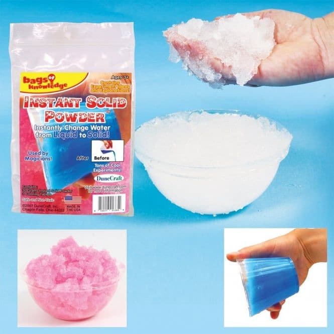 Instant Solid Powder 30g, This super-absorbent polymer does lots of amazing things! It can absorb 200-300 times its weight in tap water and hold it in a gooey gel! This powder is also known as slush powder, as it instantly turns a liquid into a solid. With certain ratios of powder and water, the Instant Solid Powder becomes a solid! Each complete kit includes: 30 grams of instant solid powder, colouring tablet and experiment ideas and explanations. What's in the pack? 30 grams of instant solid powder Colour