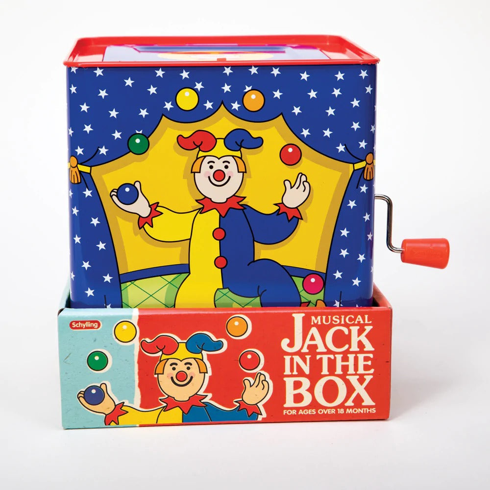 Jack in the box, Jester themed Jack in a Box - A charming toy for all ages and just the perfect traditional tin toy. The Jester themed Jack in a box is a classic toy every family benefits in having. Turn the handle to create lilting music and when the tune finishes, a pleasantly smiling Jester pops out. What then? Babies laugh with delighted surprise, toddlers want to take over turning the handle, older children come close for a better look and adults smile remembering the days they played with their own ch