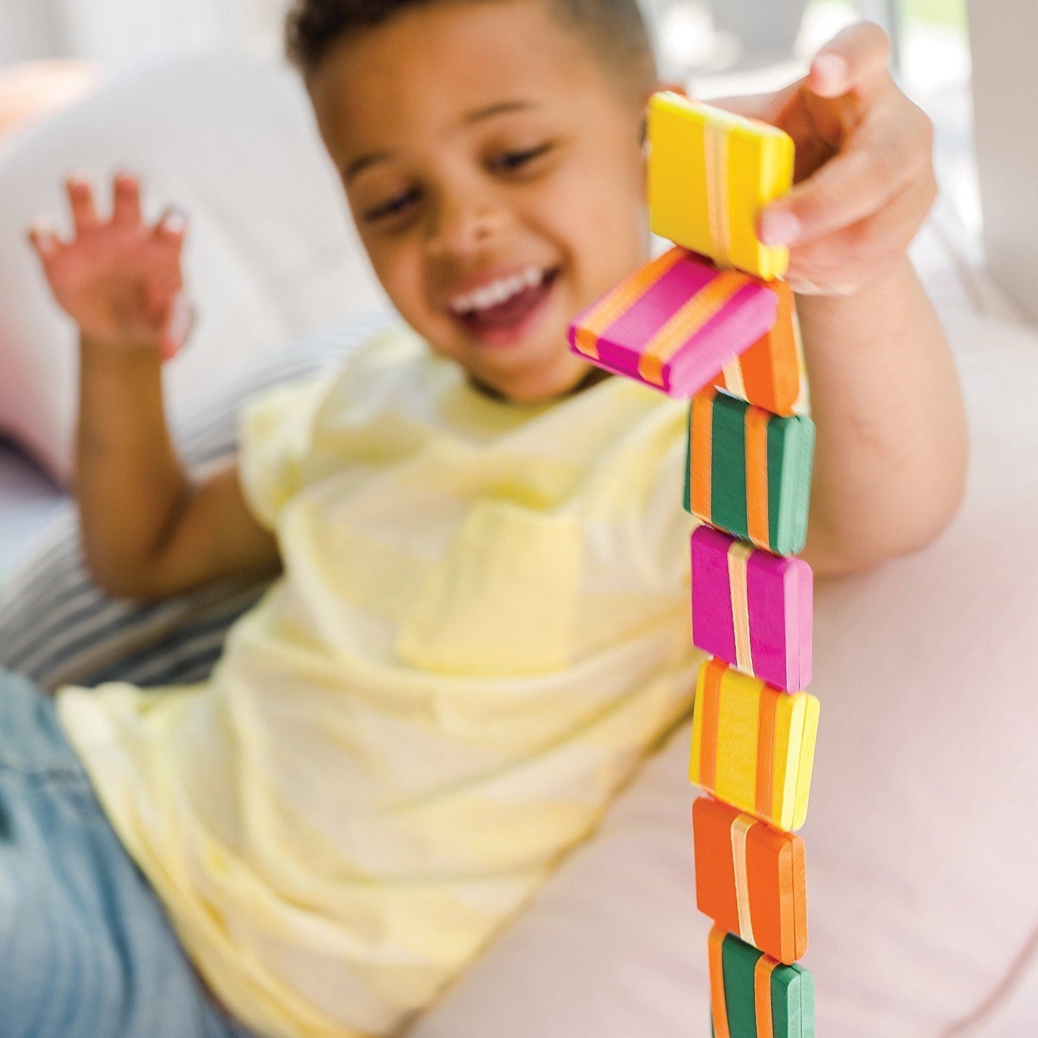 Jacobs Ladder, The Colourful Jacobs Ladder is not just a toy, but a piece of interactive art that captivates the imagination. This ancient toy provides endless hands-on fun through its optical illusion and vibrant, colourful design. Made from wooden blocks connected by colourful ribbons, it offers both visual and tactile delight. Features Classic Yet Modern Brightly Coloured: Crafted from 2-inch square wood blocks painted in an array of colours to engage the visual senses. Traditional Design: An ancient toy