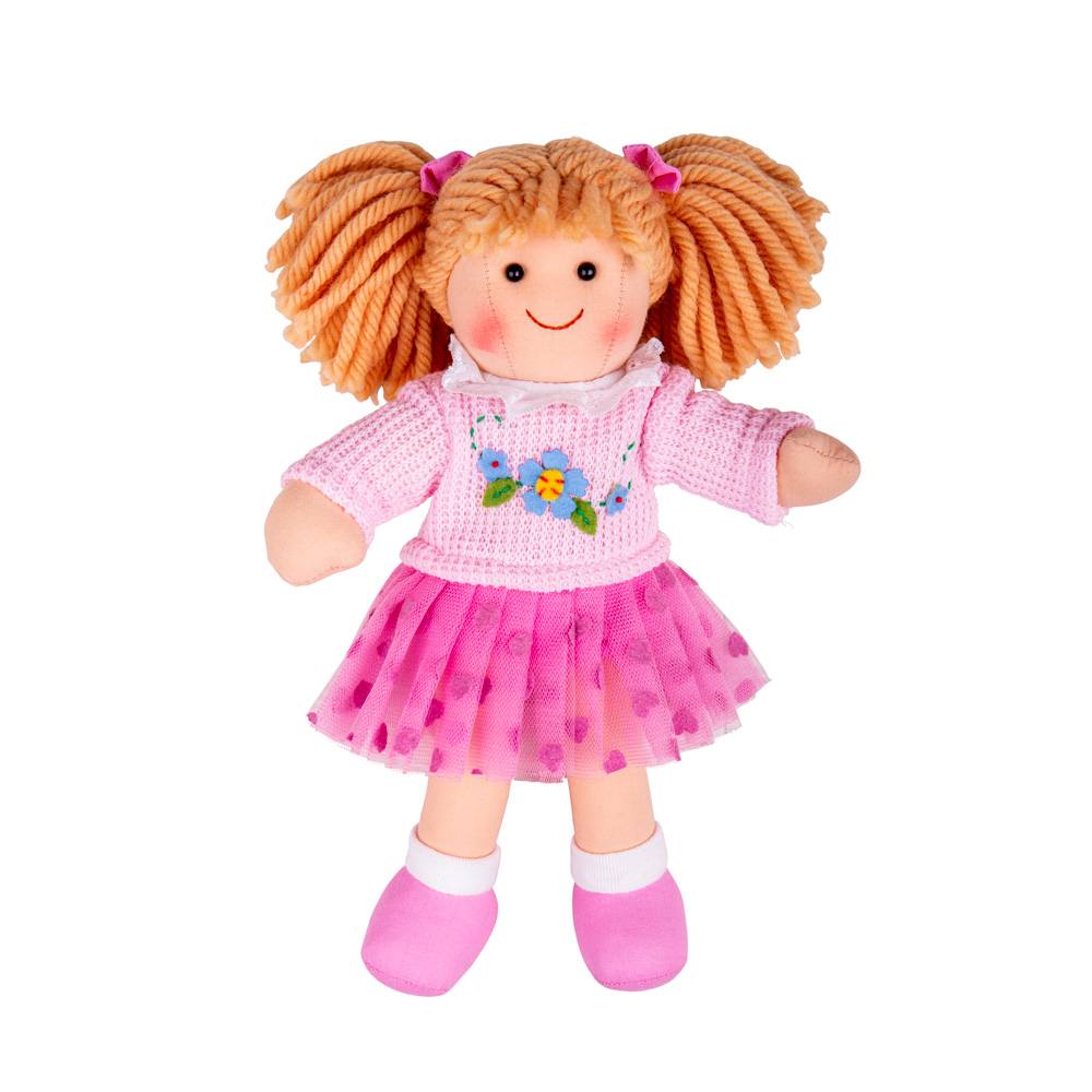 Jasmin Doll - Small, Introducing "Meet Jasmin" — a lovable companion crafted to be the perfect cuddle buddy for your little one from the moment they are born. Designed to enchant with her friendly appearance and a soft-to-touch texture, she promises to be a comforting presence in your child's life.As a treasured part of the Bigjigs Toys family, Jasmin doesn't just offer a warm hug but brings a splash of joy with her delightful attire. Adorning a pretty pink jumper that showcases her tender personality, to t