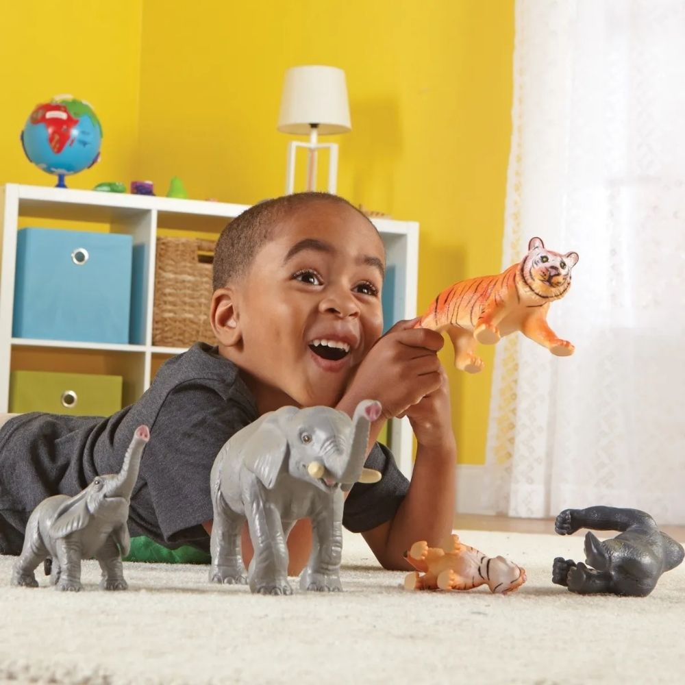 Jumbo Jungle Animals Mommas & Babies, Bring imaginative play to live with these friendly jungle animal families. The Jumbo Jungle Animals Mommas & Babies set encourages speech and language skills through imaginative play from a young age with these realistically detailed plastic jungle animals. Helps young learners to develop an understanding of the world ideally sized for little hands. Jumbo Jungle Animals Mommas & Babies Set of plastic jungle animals includes both parent and child models Provides pretend 