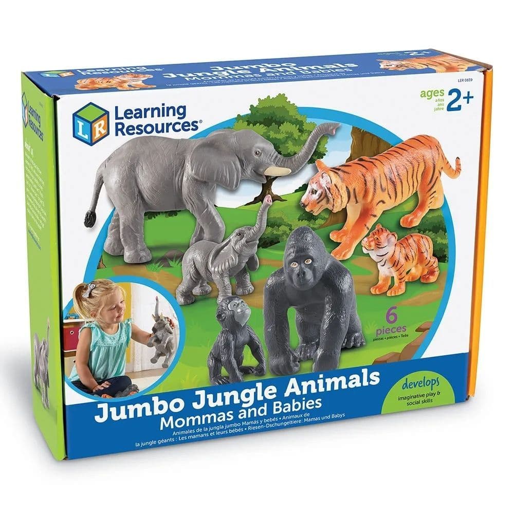 Jumbo Jungle Animals Mommas & Babies, Bring imaginative play to live with these friendly jungle animal families. The Jumbo Jungle Animals Mommas & Babies set encourages speech and language skills through imaginative play from a young age with these realistically detailed plastic jungle animals. Helps young learners to develop an understanding of the world ideally sized for little hands. Jumbo Jungle Animals Mommas & Babies Set of plastic jungle animals includes both parent and child models Provides pretend 