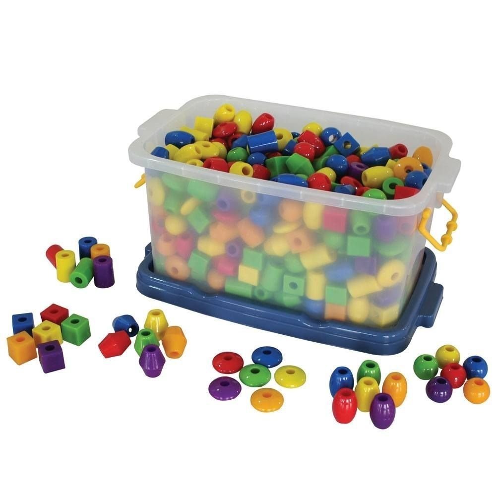 Jumbo Lacing Beads 720pcs, The Bigjigs Toys Educational Jumbo Lacing Beads are durable and a great way to keep small hands occupied and learning. The Jumbo Lacing Beads are around 2cm in diameter, the beads come in 6 different shapes in a variety of colours for unlimited lacing options. Includes 8 laces. This Jumbo Lacing Beads set is designed to give children experience in skills of matching, visual discrimination, hand/eye co-ordination, fine motor development, pattern formation and numbering. Includes 6 